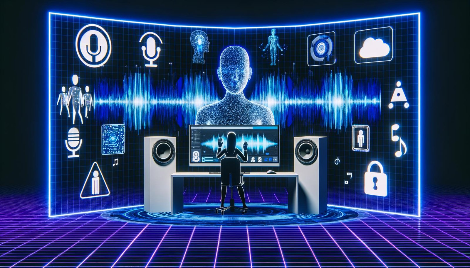 Futuristisches Tonstudio mit Computer, holografischem KI-Waveform-Interface, Avataren am Mikrofon, Datenschutz-Hinweisen und Warnsymbolen, umgeben von neonblauen und violetten Tönen.