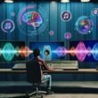 Kreativer Musikproduzent in futuristischem Tonstudio vor mehreren Bildschirmen mit KI, Wellendiagrammen und einer leuchtenden Wellenform, die durch einen gläsernen Lautsprecher strömt.