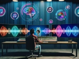 Kreativer Musikproduzent in futuristischem Tonstudio vor mehreren Bildschirmen mit KI, Wellendiagrammen und einer leuchtenden Wellenform, die durch einen gläsernen Lautsprecher strömt.