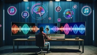 Kreativer Musikproduzent in futuristischem Tonstudio vor mehreren Bildschirmen mit KI, Wellendiagrammen und einer leuchtenden Wellenform, die durch einen gläsernen Lautsprecher strömt.