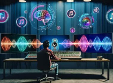 Kreativer Musikproduzent in futuristischem Tonstudio vor mehreren Bildschirmen mit KI, Wellendiagrammen und einer leuchtenden Wellenform, die durch einen gläsernen Lautsprecher strömt.