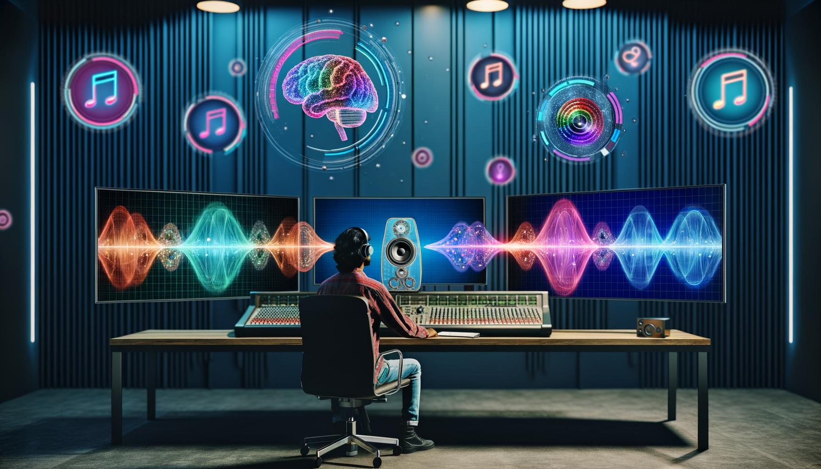 Kreativer Musikproduzent in futuristischem Tonstudio vor mehreren Bildschirmen mit KI, Wellendiagrammen und einer leuchtenden Wellenform, die durch einen gläsernen Lautsprecher strömt.