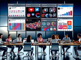 Digitales, diverses Marketing-Team an modernen Arbeitsplätzen mit geöffneten Social-Media-Oberflächen, Content-Kalender und Analytics-Charts.