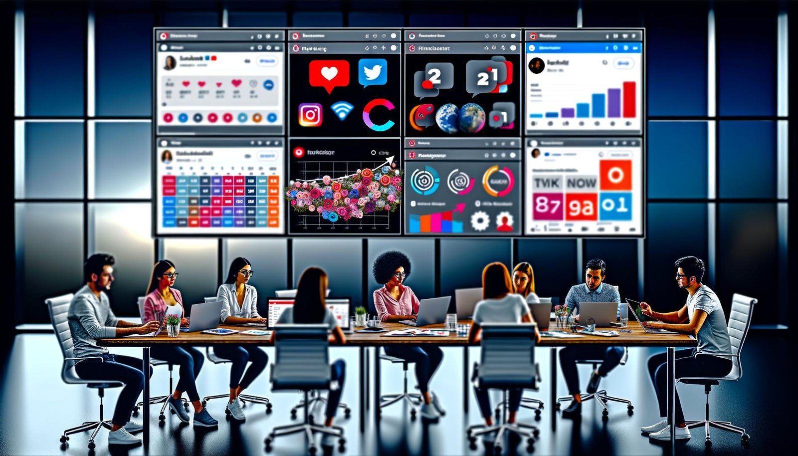 Digitales, diverses Marketing-Team an modernen Arbeitsplätzen mit geöffneten Social-Media-Oberflächen, Content-Kalender und Analytics-Charts.