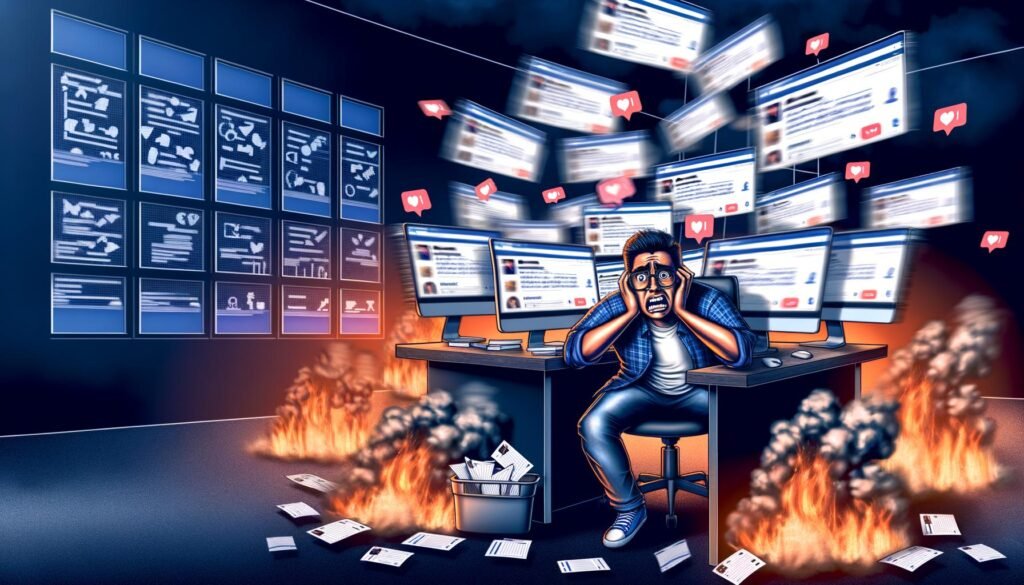 Frustrierter Social Media Manager an überfülltem Schreibtisch mit vielen Bildschirmen, brennenden Social-Media-Kanälen im Hintergrund und geordneten Workflows in der Ferne.