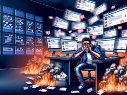 Frustrierter Social Media Manager an überfülltem Schreibtisch mit vielen Bildschirmen, brennenden Social-Media-Kanälen im Hintergrund und geordneten Workflows in der Ferne.