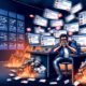 Frustrierter Social Media Manager an überfülltem Schreibtisch mit vielen Bildschirmen, brennenden Social-Media-Kanälen im Hintergrund und geordneten Workflows in der Ferne.