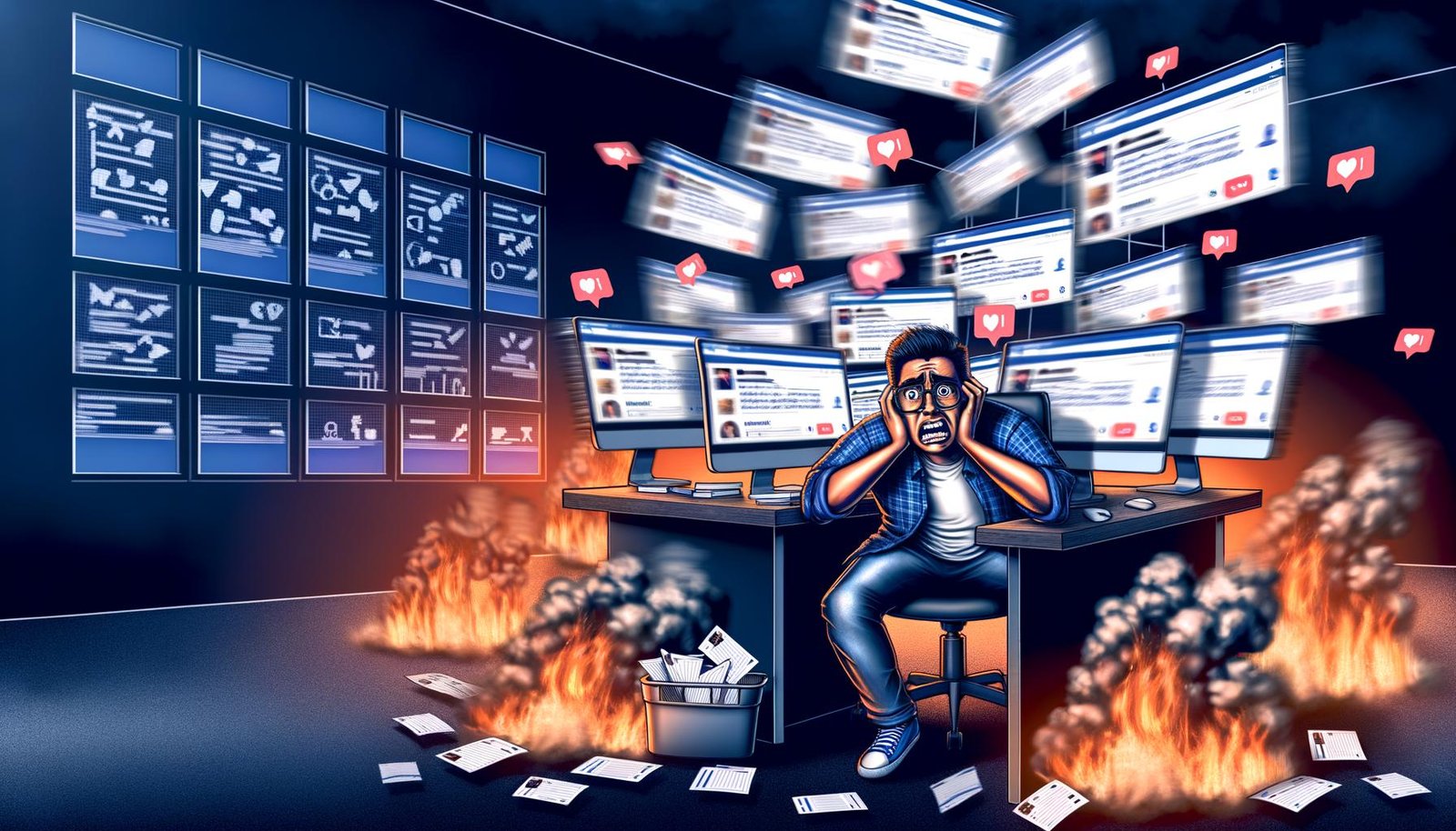 Frustrierter Social Media Manager an überfülltem Schreibtisch mit vielen Bildschirmen, brennenden Social-Media-Kanälen im Hintergrund und geordneten Workflows in der Ferne.