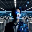 Düstere Collage mit Büroarbeiter, dessen Gesicht zu digitalen Pixeln und Algorithmen zerfällt. Im Hintergrund ersetzen leuchtende KI-Silhouetten Menschen an Schreibtischen, umgeben von Bildschirmen mit Codes und Datenströmen.