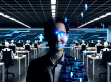 Düstere Collage mit Büroarbeiter, dessen Gesicht zu digitalen Pixeln und Algorithmen zerfällt. Im Hintergrund ersetzen leuchtende KI-Silhouetten Menschen an Schreibtischen, umgeben von Bildschirmen mit Codes und Datenströmen.