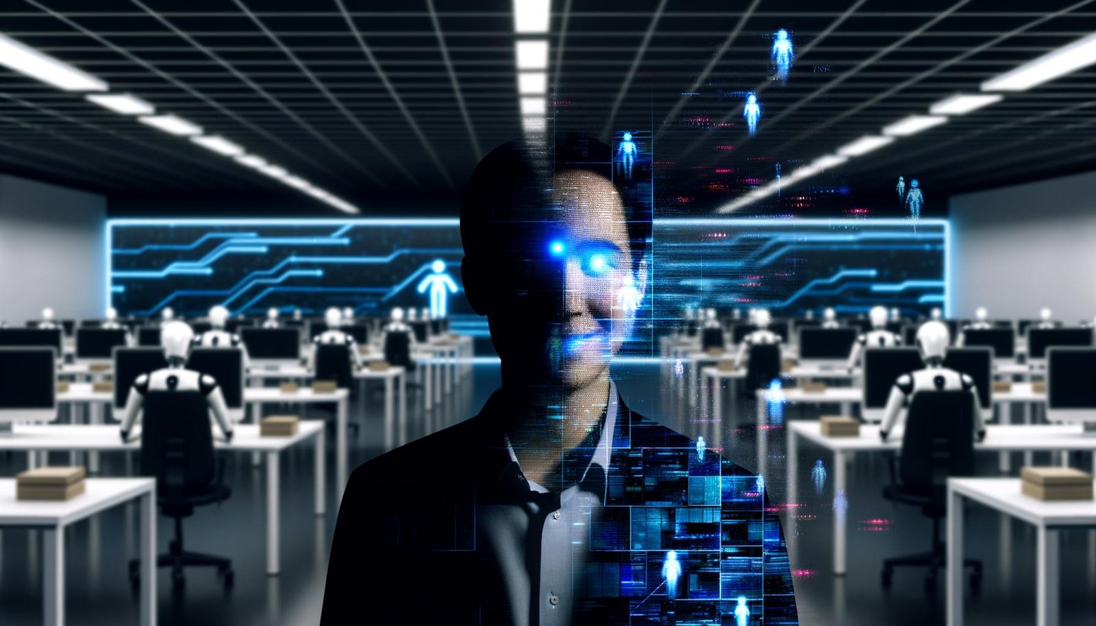 Düstere Collage mit Büroarbeiter, dessen Gesicht zu digitalen Pixeln und Algorithmen zerfällt. Im Hintergrund ersetzen leuchtende KI-Silhouetten Menschen an Schreibtischen, umgeben von Bildschirmen mit Codes und Datenströmen.