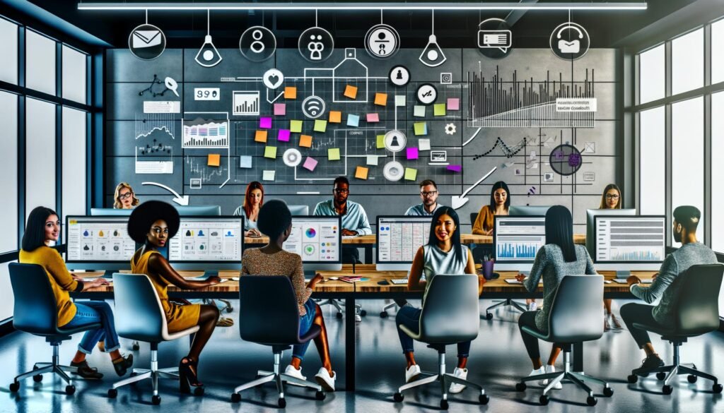 Dynamische Szene in einem modernen Social Media Büro mit mehreren Strategen, Bildschirmen voller Analysen, grafischen Tools und kollaborativem Brainstorming.