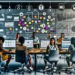 Dynamische Szene in einem modernen Social Media Büro mit mehreren Strategen, Bildschirmen voller Analysen, grafischen Tools und kollaborativem Brainstorming.