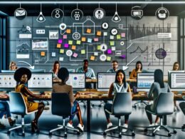 Dynamische Szene in einem modernen Social Media Büro mit mehreren Strategen, Bildschirmen voller Analysen, grafischen Tools und kollaborativem Brainstorming.