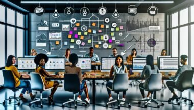Dynamische Szene in einem modernen Social Media Büro mit mehreren Strategen, Bildschirmen voller Analysen, grafischen Tools und kollaborativem Brainstorming.