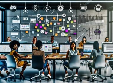 Dynamische Szene in einem modernen Social Media Büro mit mehreren Strategen, Bildschirmen voller Analysen, grafischen Tools und kollaborativem Brainstorming.