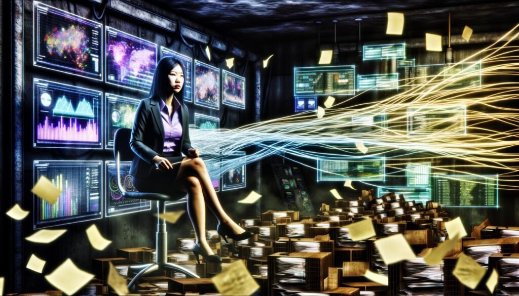 Geschäftsperson in einem dunklen, futuristischen Kontrollraum mit leuchtenden Dashboards, Kabeln und holografischen Diagrammen; chaotische und strukturierte Daten werden nebeneinander dargestellt.