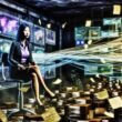 Geschäftsperson in einem dunklen, futuristischen Kontrollraum mit leuchtenden Dashboards, Kabeln und holografischen Diagrammen; chaotische und strukturierte Daten werden nebeneinander dargestellt.