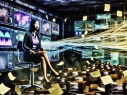 Geschäftsperson in einem dunklen, futuristischen Kontrollraum mit leuchtenden Dashboards, Kabeln und holografischen Diagrammen; chaotische und strukturierte Daten werden nebeneinander dargestellt.