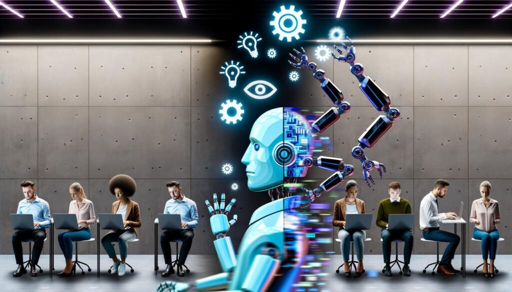 Modernes, leicht dystopisches Büro mit angespannten Menschen, tippenden Roboterarmen und schwebenden digitalen Symbolen, im Hintergrund ein 404-Magazin-Cover.