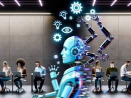 Modernes, leicht dystopisches Büro mit angespannten Menschen, tippenden Roboterarmen und schwebenden digitalen Symbolen, im Hintergrund ein 404-Magazin-Cover.