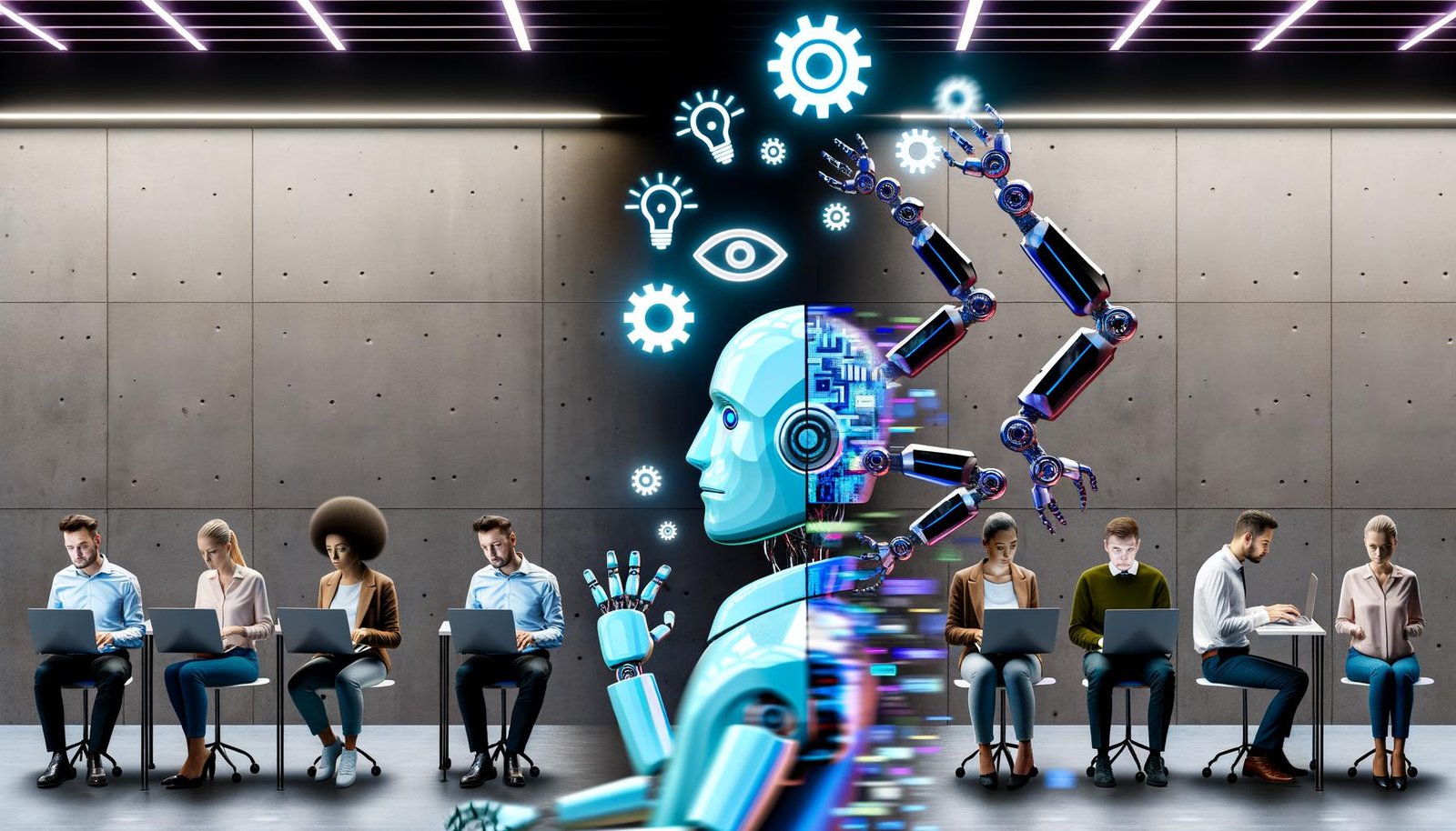 Modernes, leicht dystopisches Büro mit angespannten Menschen, tippenden Roboterarmen und schwebenden digitalen Symbolen, im Hintergrund ein 404-Magazin-Cover.