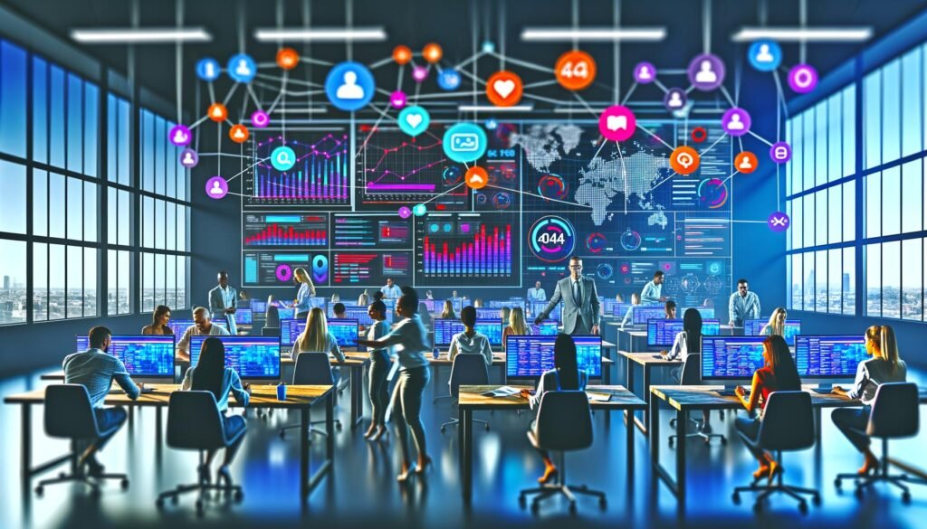 Marketing-Team im modernen Büro analysiert Social Media Daten und Performance-Analysen auf Bildschirmen mit Statistiken und Echtzeit-Metriken.