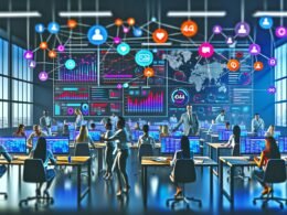Marketing-Team im modernen Büro analysiert Social Media Daten und Performance-Analysen auf Bildschirmen mit Statistiken und Echtzeit-Metriken.