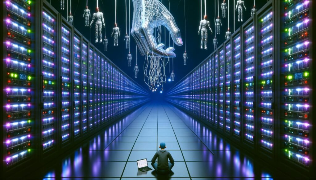 Cyberpunk-inspirierter, endloser Serverraum mit leuchtenden Festplatten, einer schwebenden Licht-Hand und einem einsamen Nutzer an einem Laptop, umgeben von dunklen Gestalten.