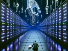 Cyberpunk-inspirierter, endloser Serverraum mit leuchtenden Festplatten, einer schwebenden Licht-Hand und einem einsamen Nutzer an einem Laptop, umgeben von dunklen Gestalten.