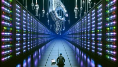 Cyberpunk-inspirierter, endloser Serverraum mit leuchtenden Festplatten, einer schwebenden Licht-Hand und einem einsamen Nutzer an einem Laptop, umgeben von dunklen Gestalten.