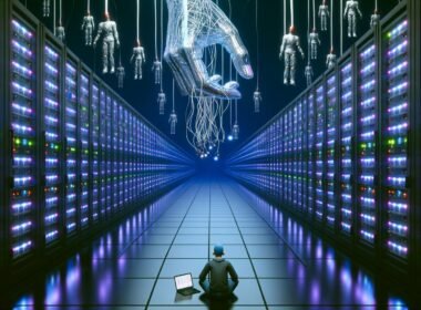 Cyberpunk-inspirierter, endloser Serverraum mit leuchtenden Festplatten, einer schwebenden Licht-Hand und einem einsamen Nutzer an einem Laptop, umgeben von dunklen Gestalten.