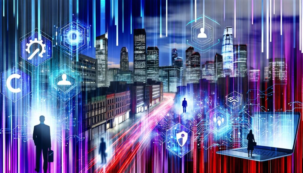 Moderne Stadt bei Nacht mit neonfarbenen Datenströmen, einstürzenden Bürogebäuden und KI-Icons, Menschen vor einem digitalen Abgrund, aus Laptops fließen Texte, Bilder und Diagramme.