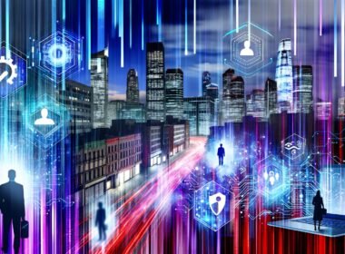Moderne Stadt bei Nacht mit neonfarbenen Datenströmen, einstürzenden Bürogebäuden und KI-Icons, Menschen vor einem digitalen Abgrund, aus Laptops fließen Texte, Bilder und Diagramme.