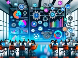 Futuristischer Social Media Maschinenraum mit Dashboard, Social Media Logos, offenen Content-Kalendern und Teams an Laptops in hell durchfluteter, moderner Umgebung.