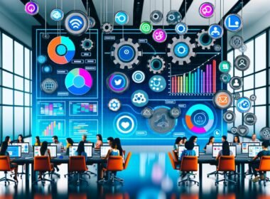 Futuristischer Social Media Maschinenraum mit Dashboard, Social Media Logos, offenen Content-Kalendern und Teams an Laptops in hell durchfluteter, moderner Umgebung.