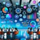 Futuristischer Social Media Maschinenraum mit Dashboard, Social Media Logos, offenen Content-Kalendern und Teams an Laptops in hell durchfluteter, moderner Umgebung.