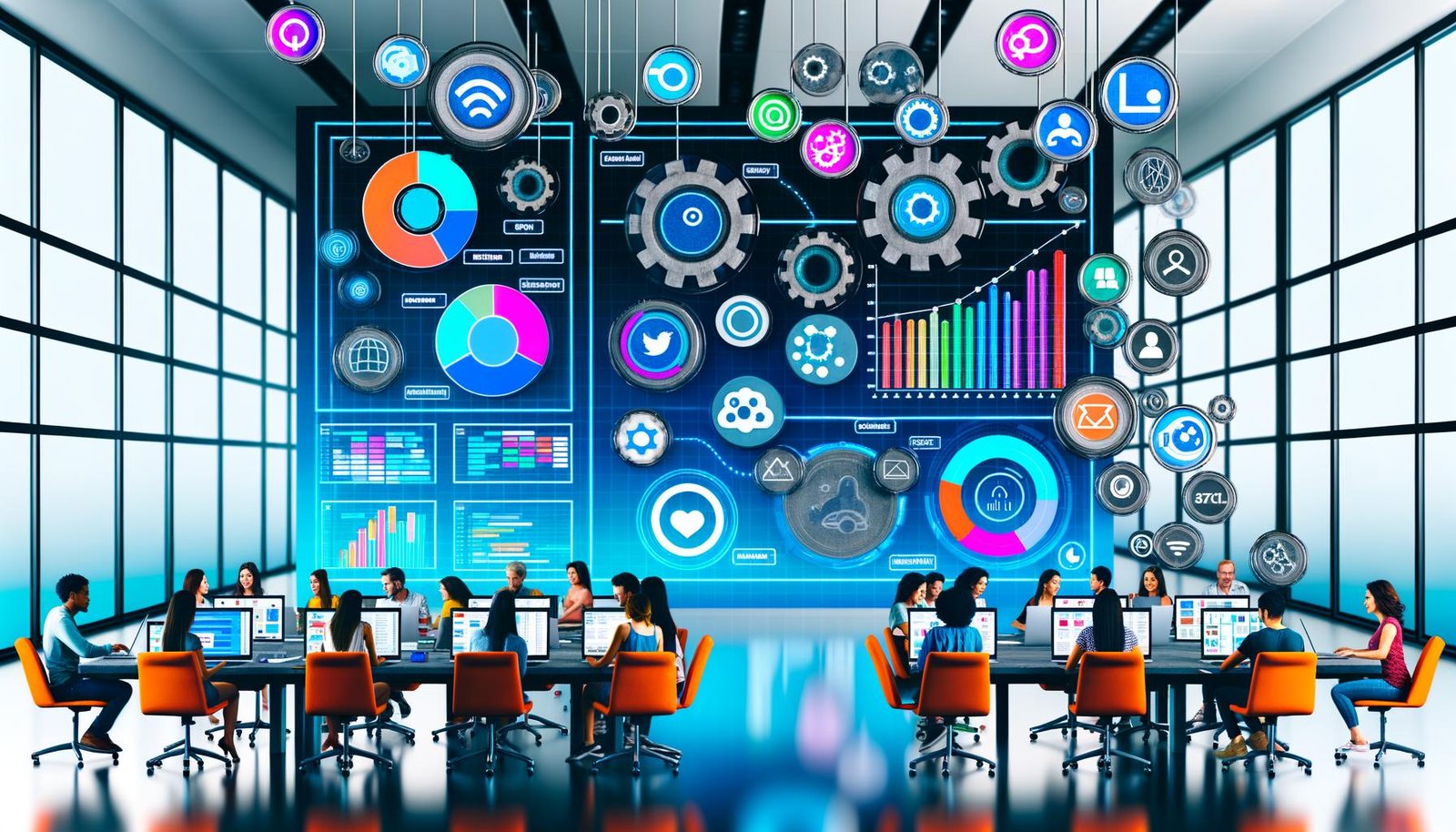 Futuristischer Social Media Maschinenraum mit Dashboard, Social Media Logos, offenen Content-Kalendern und Teams an Laptops in hell durchfluteter, moderner Umgebung.