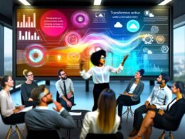 Dynamische Büroszene mit jungem, vielfältigem Team vor großem Bildschirm mit Datenvisualisierungen und narrativen Texten; Icons von Power BI, Tableau und Looker Studio im Hintergrund.