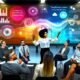 Dynamische Büroszene mit jungem, vielfältigem Team vor großem Bildschirm mit Datenvisualisierungen und narrativen Texten; Icons von Power BI, Tableau und Looker Studio im Hintergrund.
