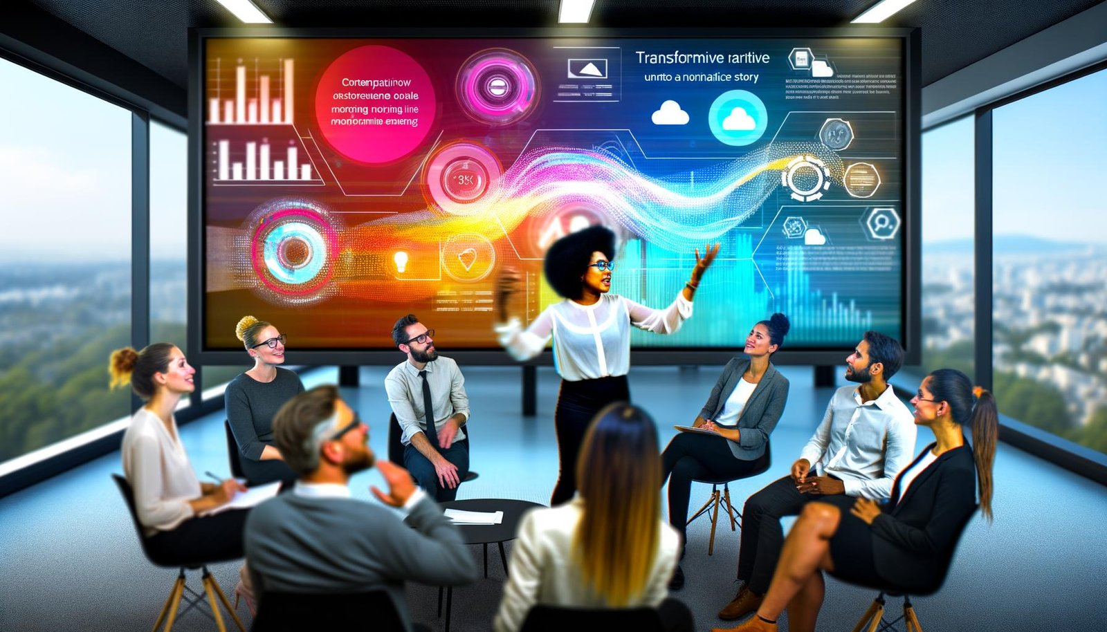Dynamische Büroszene mit jungem, vielfältigem Team vor großem Bildschirm mit Datenvisualisierungen und narrativen Texten; Icons von Power BI, Tableau und Looker Studio im Hintergrund.