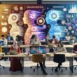 Vielfältiges Team in modernem Büro nutzt digitale und analoge Arbeitsmittel, bespricht Innovation und Zusammenarbeit mit KI auf einer großen Leinwand.