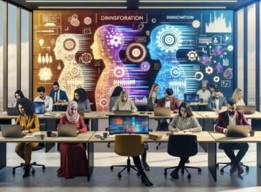 Vielfältiges Team in modernem Büro nutzt digitale und analoge Arbeitsmittel, bespricht Innovation und Zusammenarbeit mit KI auf einer großen Leinwand.