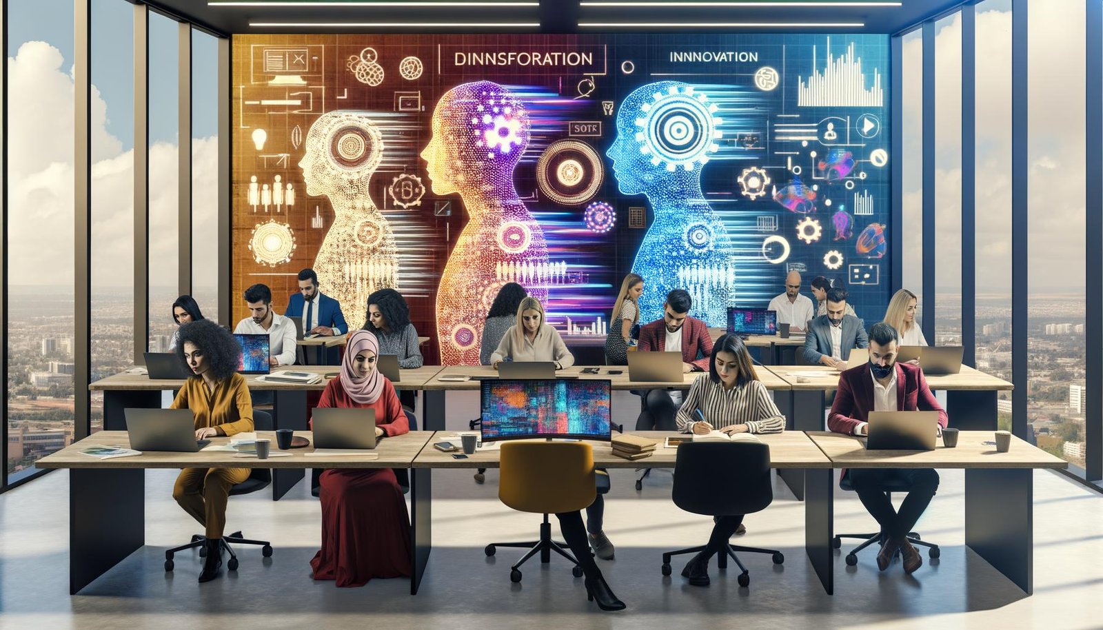 Vielfältiges Team in modernem Büro nutzt digitale und analoge Arbeitsmittel, bespricht Innovation und Zusammenarbeit mit KI auf einer großen Leinwand.