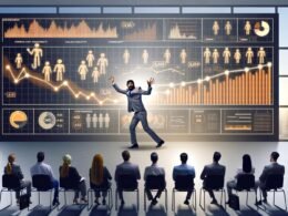 Marketer zeigt im modernen Büro ein großes Dashboard mit lebendigen Diagrammen, während ein diverses Management-Team gespannt zuschaut.
