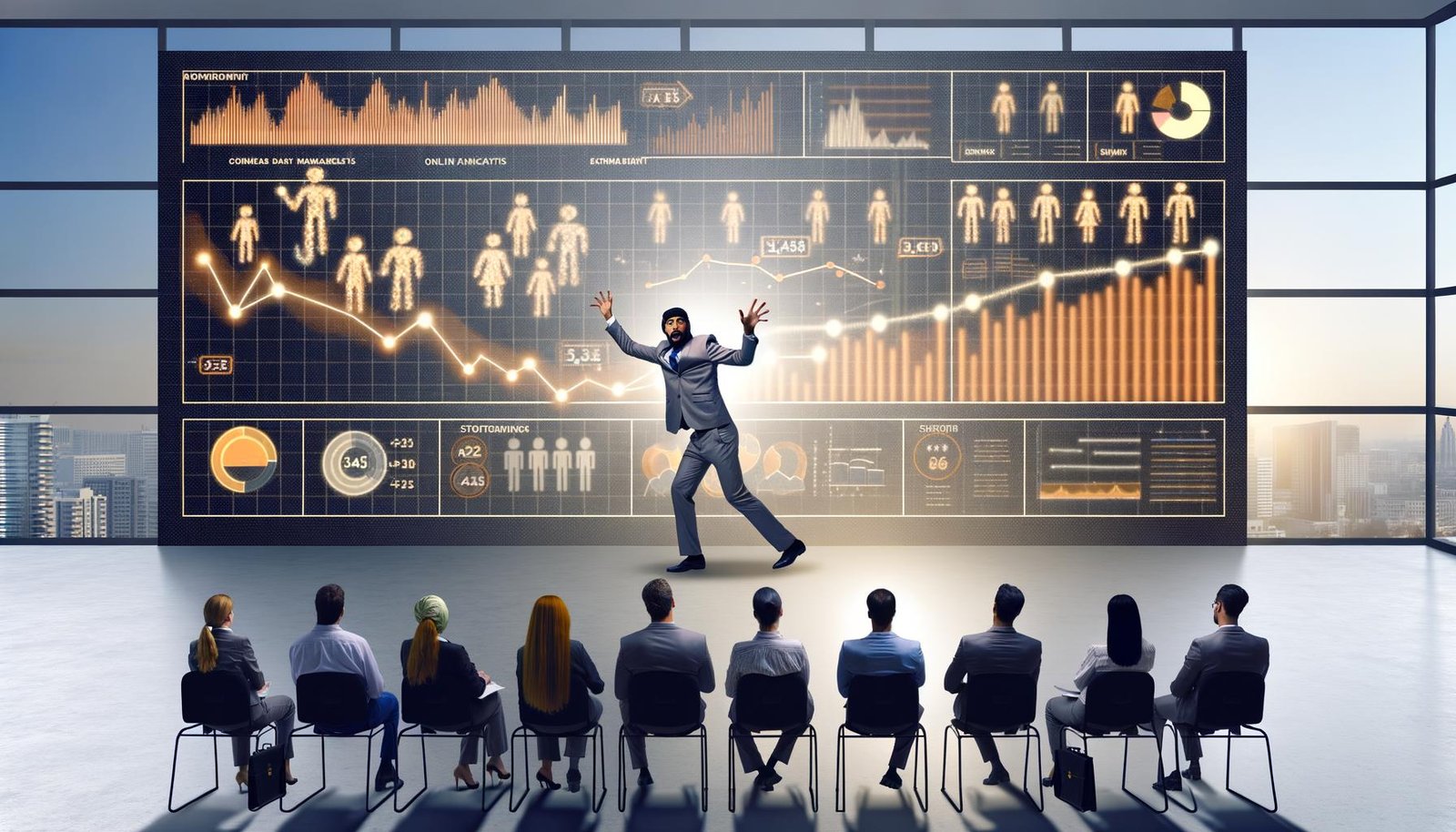 Marketer zeigt im modernen Büro ein großes Dashboard mit lebendigen Diagrammen, während ein diverses Management-Team gespannt zuschaut.