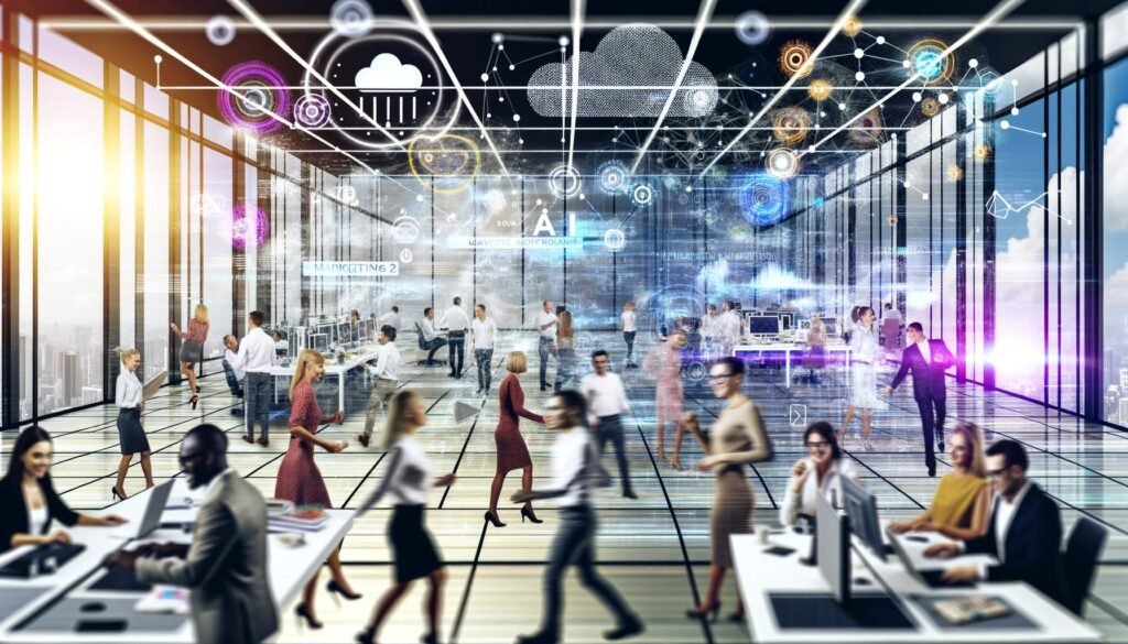 Futuristisches Büro mit diversen Teams, die an transparenten Bildschirmen, AI-Tools und Hologrammen kreativ zusammenarbeiten.