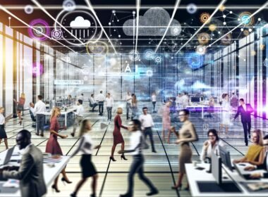 Futuristisches Büro mit diversen Teams, die an transparenten Bildschirmen, AI-Tools und Hologrammen kreativ zusammenarbeiten.