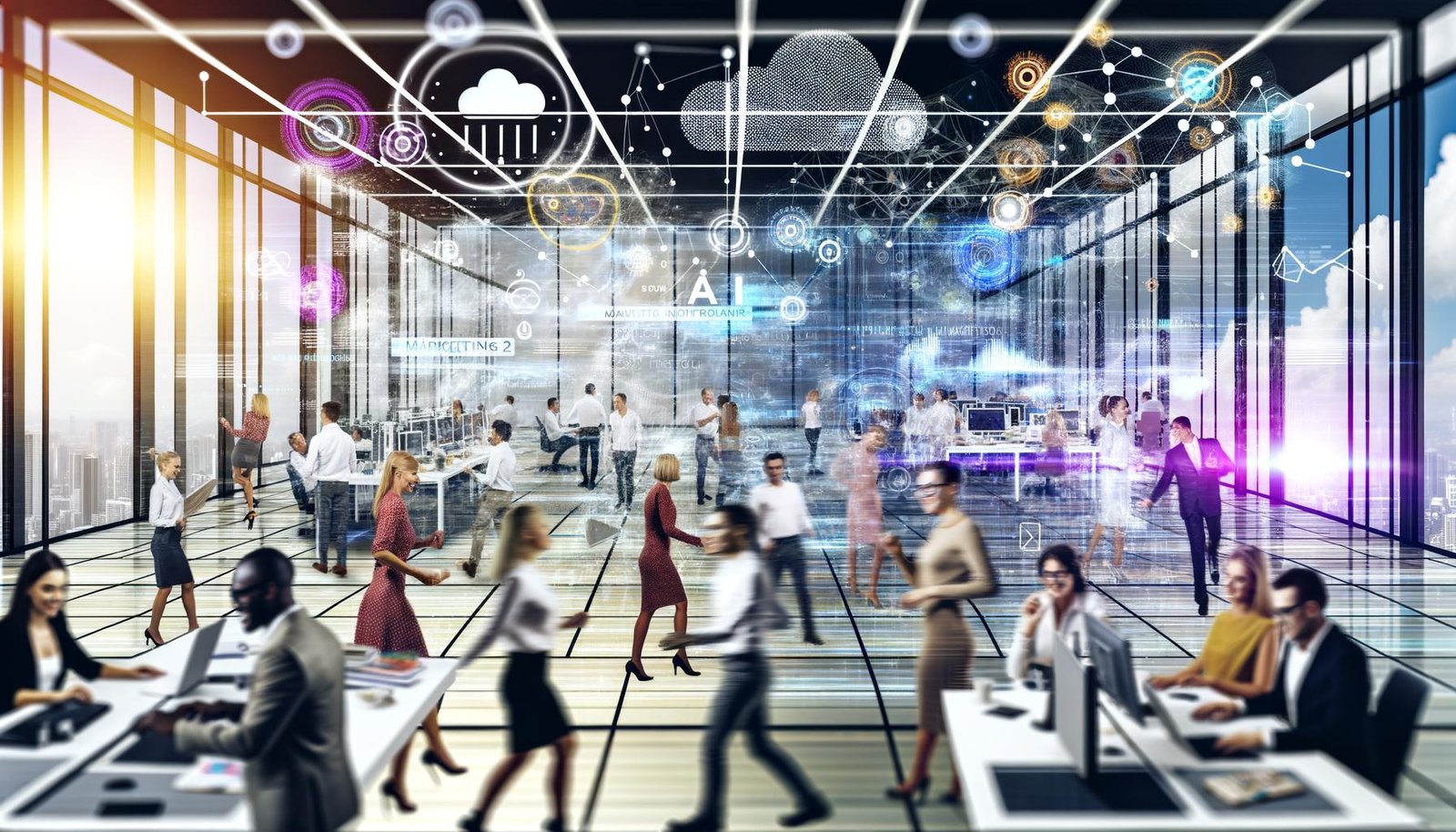 Futuristisches Büro mit diversen Teams, die an transparenten Bildschirmen, AI-Tools und Hologrammen kreativ zusammenarbeiten.