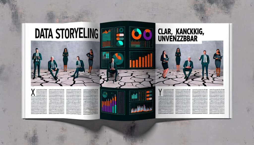 Editorial Doppelseite mit farbenfrohen Infografiken und Diagrammen, die aus einem zerbrochenen grauen Excel-Grab aufsteigen, während im Hintergrund enttäuschte Geschäftsleute verblassen. Überschrift: 'Data Storytelling Checkliste: Klar, Knackig, Unverzichtbar.'